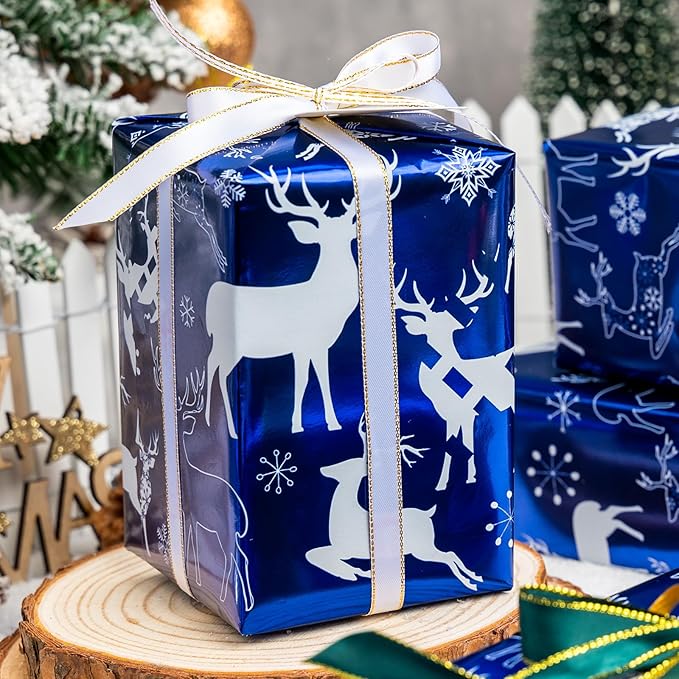 MAYPLUSS Christmas Wrapping Paper Roll - Mini Roll - 17.3 Inch X 32.8 Feet - Christmas Blue Elk Design (47.3 sq.ft.ttl)
