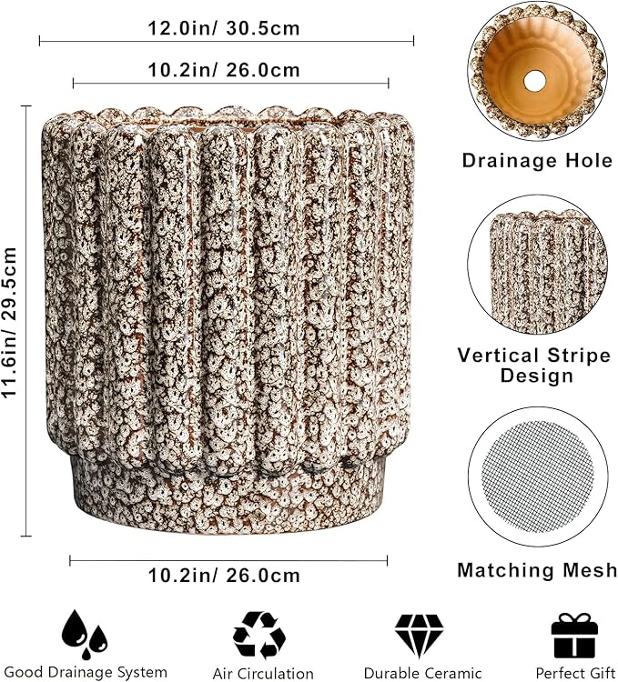 Ceramicfor Ceramic Pots for Plants - 12 Inch Planter for Indoor Plants, Round Flower Pots with Drainage Hole, Large Ceramic Planter Outdoor, Porch Decor, Housewarming Gifts, Leopard Print White