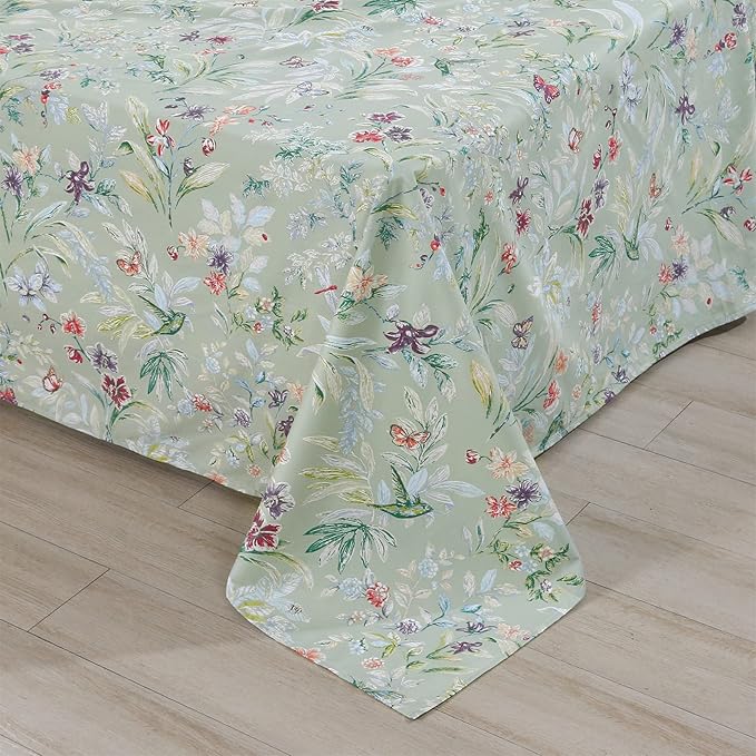 RYNGHIPY Shabby Flowers Print Bed Sheet Collections Egyptian Cotton Garden Floral Sheets (Green Floral,King Size)
