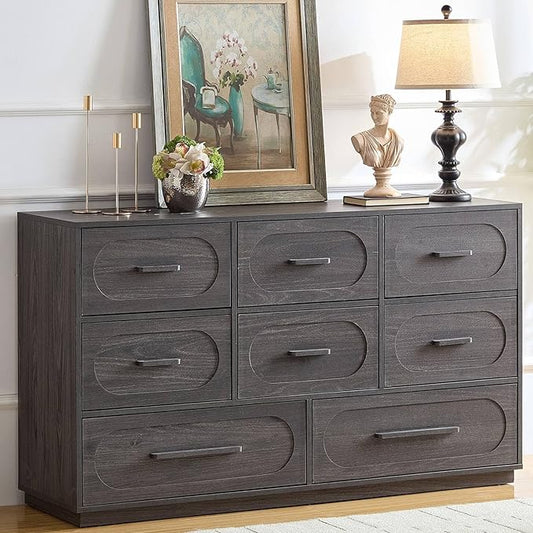 Modern 8 Drawer Dresser for Bedroom, 54" Wide Dressers & Chest of Drawers w/Solid Wood Handle, Wood Mid Century Closet Organizers and Storage Cabinet for Bedroom, Living Room, Hallway, Gray