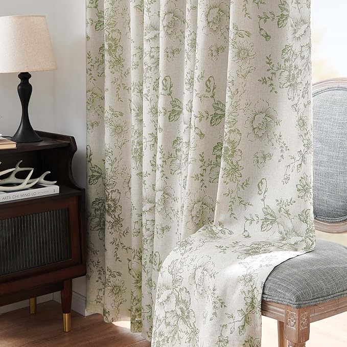 jinachan Blackout Curtains Linen Blend Floral Curtain for Living Room 63 Inch Length Christmas Sage Green Flower Printed with Lined Blackout Drapes for Bedroom Farmhouse Curtains Set 2 Panels