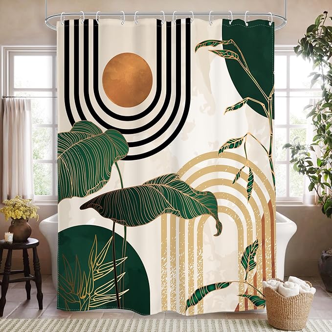 Glawry Green Boho Mid Century Shower Curtain Extra Long Abstract Retro Tropical Palm Tree Plant Sun Arch Minimalist Bathroom Modern 72Wx96L Inches Bath Accessories Art Home Decor Fabric 12 Pack Hooks