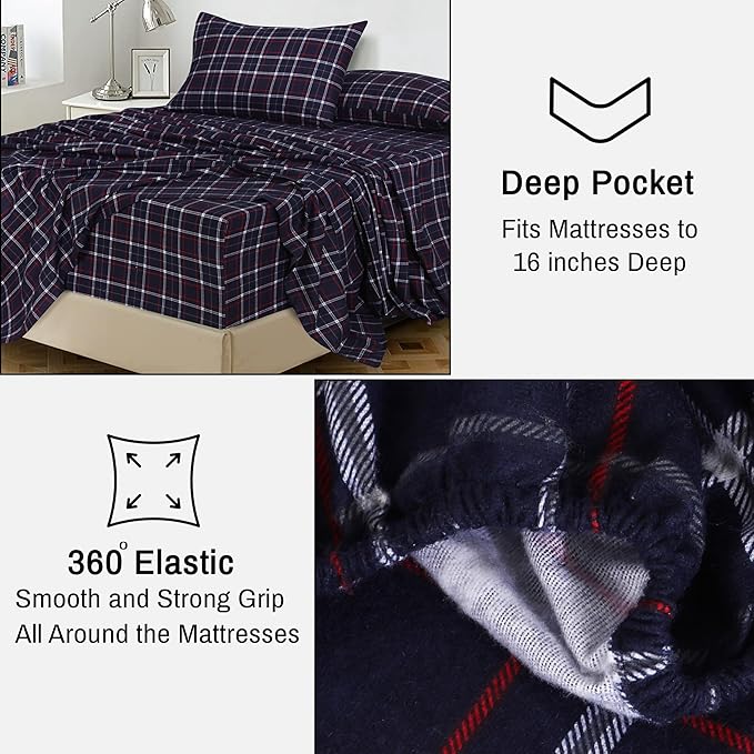 RUVANTI Flannel Sheets King Size - 100% Cotton Brushed King Size Sheets Set - Deep Pockets 16 Inches Bed Sheets - All Seasons Breathable & Extra Soft - Warm & Cozy, 4 Piece, Yankees Blue