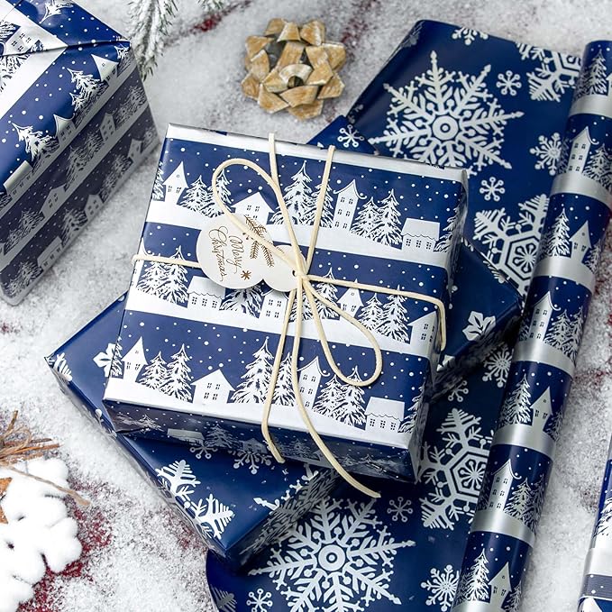 MAYPLUSS Christmas Wrapping Paper Roll, 17 Inch X 16.5 Feet Gift Wrapping Paper Featuring Navy Blue Christmas Tree House Reversible Snowflake, Thick Wrap Paper for Holiday Party New Year Kids