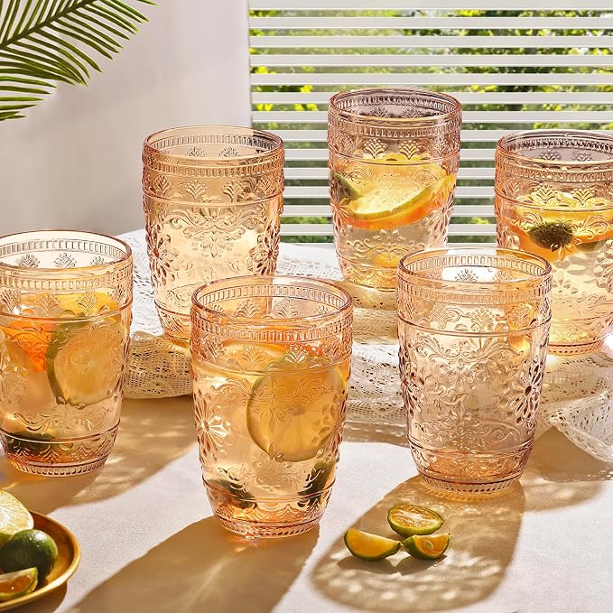 abrwyy Drinking Glasses Set of 6, Amber Glassware, Amber Drinking Glasses, Kitchen Glasses, 14oz Water Glasses, Colored Glasses Drinking Set for Home Dinner Party Wedding