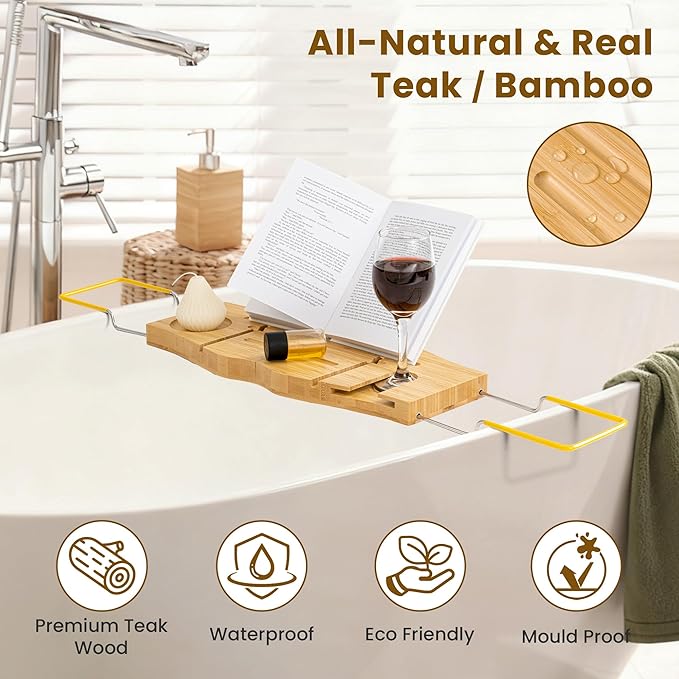 Bamboo Bathtub Tray Expandable Bathroom Tray for Home Spa Relaxation, Wooden Tray Caddy for Bathtub, Bamboo Bathtub Caddy as Unique Housewarming, Birthday, Wedding Shower Gifts.