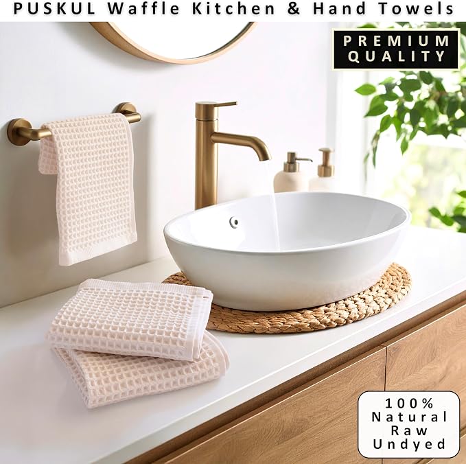 PÜSKÜL Organic Waffle Kitchen Towel Pure 100% Turkish Cotton Set of 3 Natural Raw-Undyed Towel - Premium Quality Soft Quick-Dry Absorbent Lint-Free Hand & Dish Towels Large 32X16 (3, Natural Beige)