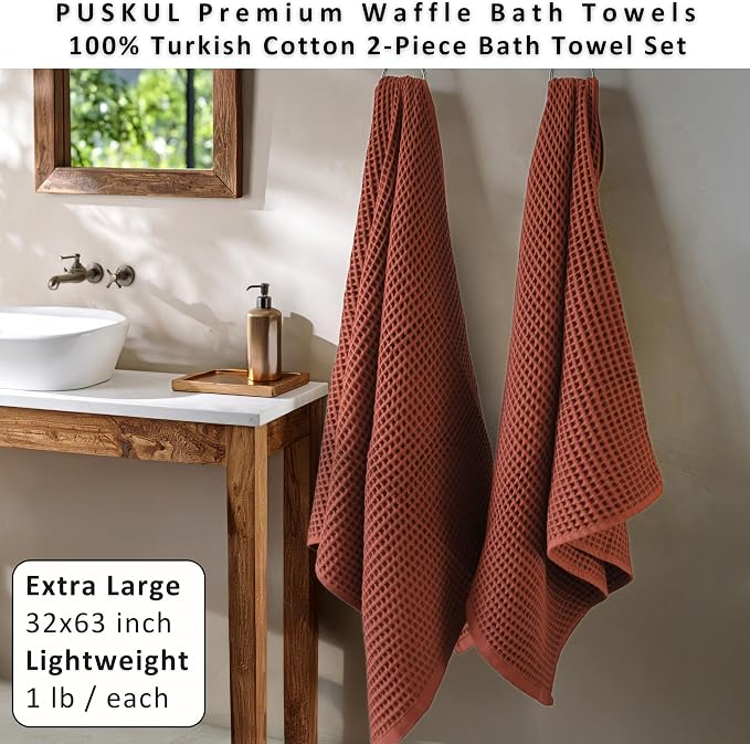 PÜSKÜL Natural 100% Turkish Cotton Waffle Bath Towels Set of 2-Piece | 32x63 inch Extra Large Absorbent Quick-Dry Lightweight Spa Towel | Decorative Guest Towel (Red Brick Bath Towels - Pack of 2)