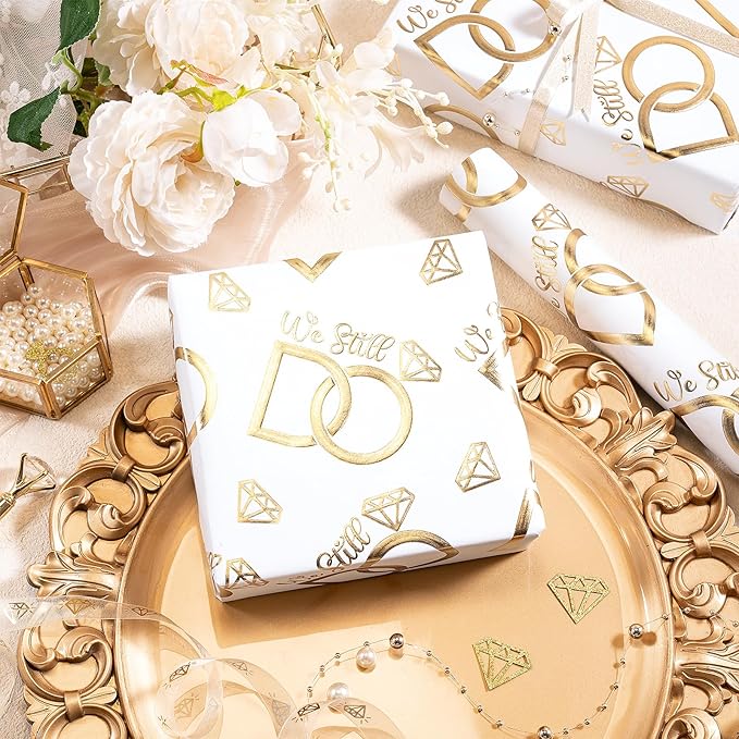 RUSPEPA Anniversary Wrapping Paper Roll, Mini Roll, Gold Foil We Still Do Design with Wedding Ring, Elegant Gift Wrap for Wedding, Anniversary, Engagement, Bridal Shower, 17 Inches x 16.4 Feet
