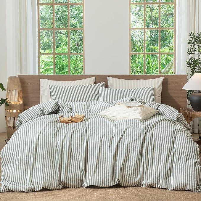 MooMee Striped Duvet Cover Set 100% Washed Cotton Linen Like Textured Breathable Durable Soft Comfy (Heathered Green Classic Stripes, Twin 68"x90")