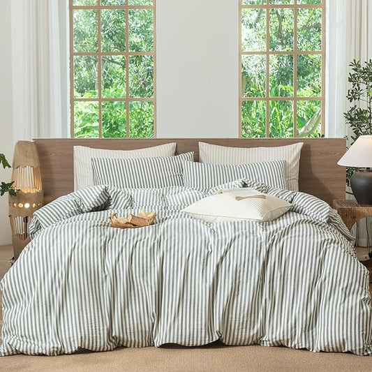 MooMee Striped Duvet Cover Set 100% Washed Cotton Linen Like Textured Breathable Durable Soft Comfy (Heathered Green Classic Stripes, Alaska King 132"x120")