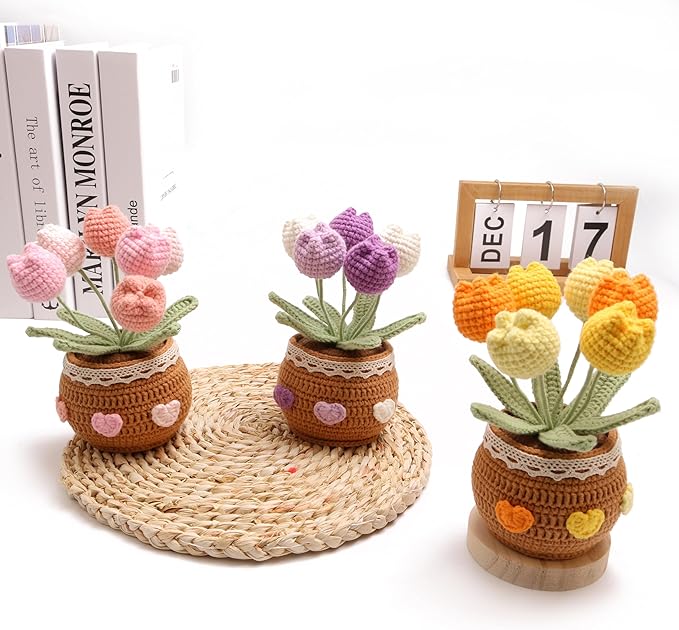 Handmade Tulips, Hand-Woven Flowers, Crocheted Tulips, Artificial FlowersTulipsBirthday Gifts for Family and Girlfriends, Home Office Decoration, Graduation Anniversary (6 Flowers-Yellow)