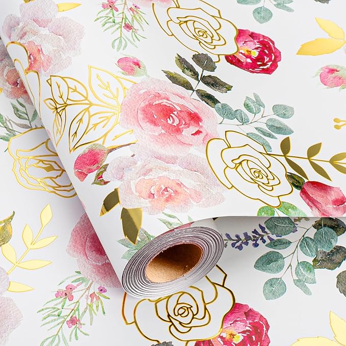 Merture Wrapping Paper Roll with Watercolor Roses - 17 In x 32.8 Ft (46.5 sqft) Foil Floral Gift Wrap with Matte Gold Reverse for Mother’s Day, Wedding, Birthday, Bridal Shower, Valentines Day