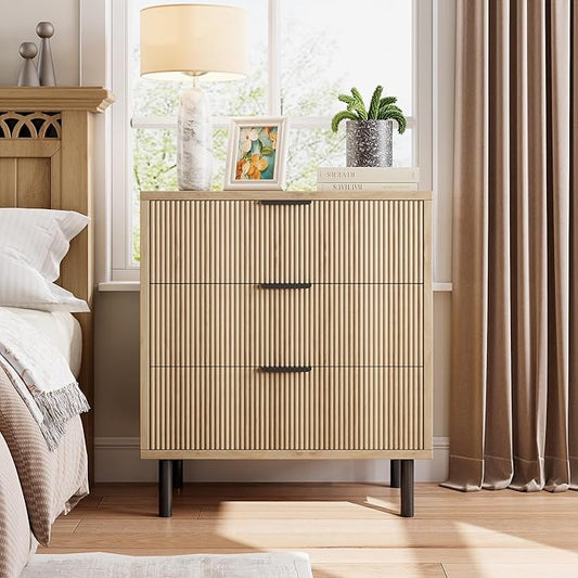 GarveeHome Oak Fluted 3 Drawers Dresser, Wide Wood Chest of Drawers, Modern Storage Dresser Chest of Drawers Organizer with Metal Legs and Anti-Tipping Device for Bedroom Living Room