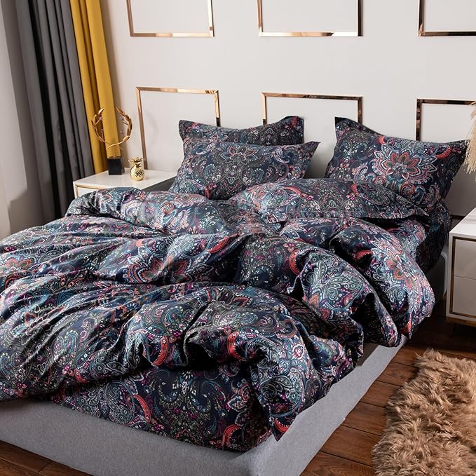VM VOUGEMARKET Retro Paisley Duvet Cover Queen Size Boho Damask Duvet Cover Sets 100% Brushed Cotton Bedding Set,1 Duvet Cover and 2 Pillow Shams for All Seasons-Stormy Blue