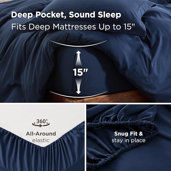 Bedsure Duvet Cover with Fitted Sheet King - Warm Deep Pocket, Hotel Luxury Soft Double Brushed Bedding Set with Zipper Closure, 1 Duvet Cover, 1 Fitted Sheet, 2 Pillow Shams, NO Comforter, Blue