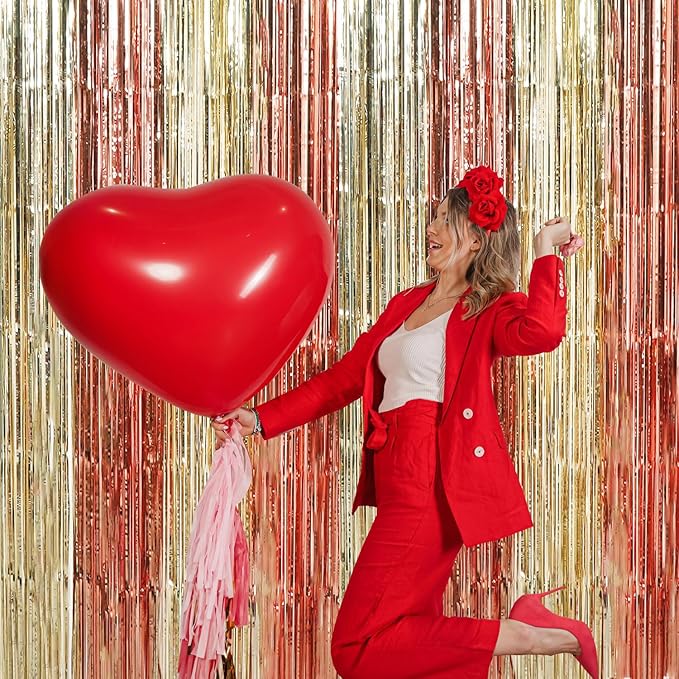 TONIFUL Valentine's Day Door Streamers,Rose Gold and Light Gold Photo Booth Backdrop Metallic Streamers Foil Fringe Curtain for Birthday Bridal Shower Engagement Party Decoration