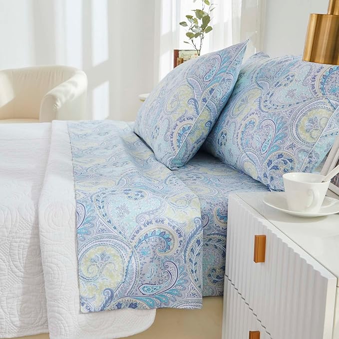 Brandream Paisley Queen Size Sheet Set Luxury Floral Boho Bohemian Medallio Bedding Collections 800 Thread Count 100% Egyptian Cotton Deep Pocket, 4 Piece, Blue
