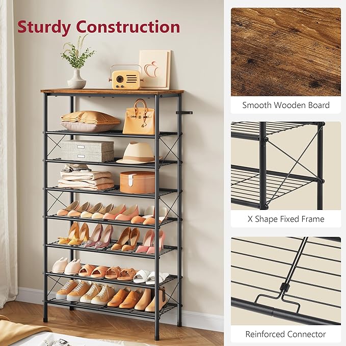 Tajsoon 8 Tier Free Standing Shoe Rack for 28-32 Pairs, X Shape Fixed Frame Metal Mesh Shoe Rack for Closet, Rustic Brown & Black