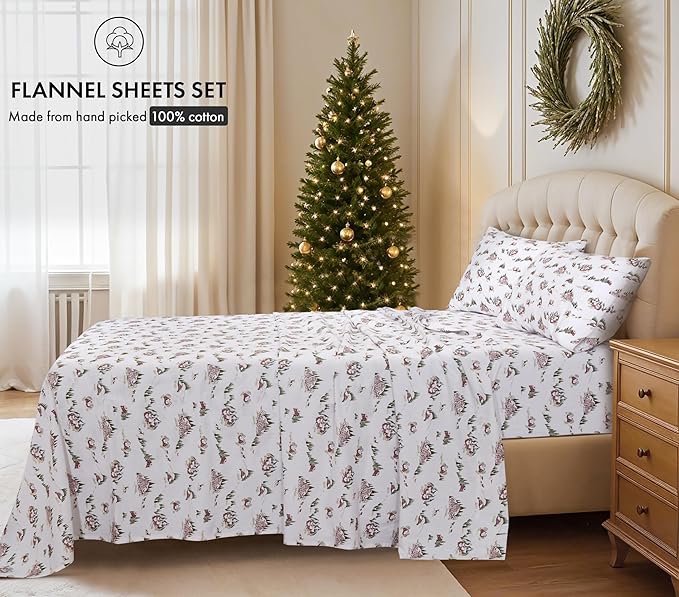 RUVANTI Flannel Sheets Twin XL Size - 100% Cotton Double Brushed Twin XL Sheet Sets, Deep Pockets 16 Inches, All Seasons Breathable & Extra Soft Bed Sheets, Warm & Cozy, 3 Piece, Hilly Huts