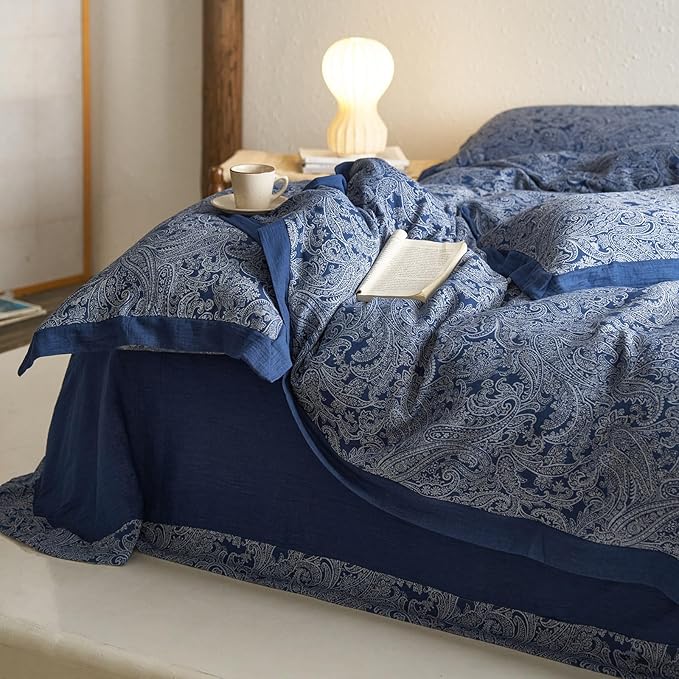 Navy Blue Duvet Cover Twin XL Vintage Boho Paisley Duvet Cover Exquisite Jacquard Bedding Set Cotton Linen Yarn-Dyed Textured Duvet Cover Cozy Breathable Floral Boho Bedding Comforter Cover Twin XL