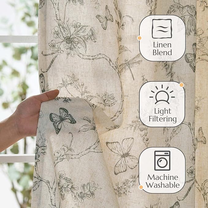 jinchan Floral Curtains Lined Linen Blend Curtain for Living Room 84 Inch Length Grey Flower Farmhouse Curtains French Country Gray Patterned Curtain Drapes Back Tab Rod Pocket 2 Panels