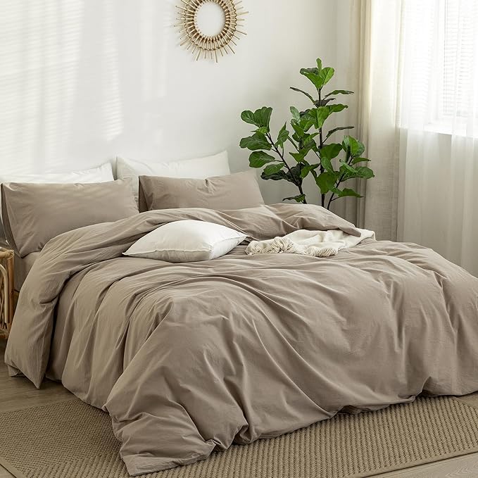 MooMee Bedding Duvet Cover Set 100% Washed Cotton Linen Like Textured Breathable Durable Soft Comfy (Solid Light Camel, King 104"x90")