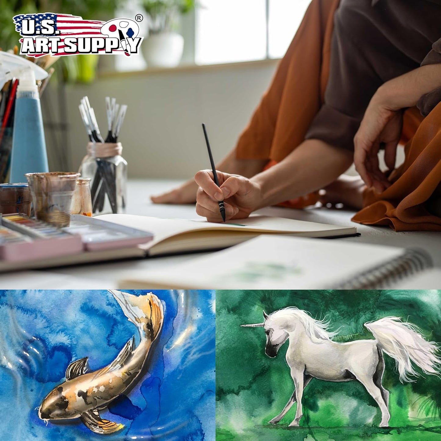 U.S. Art Supply Watercolor Book - 8.5" x 8.5" Linen-Bound Hardcover, 76 Sheets Each, Acid-Free Paper