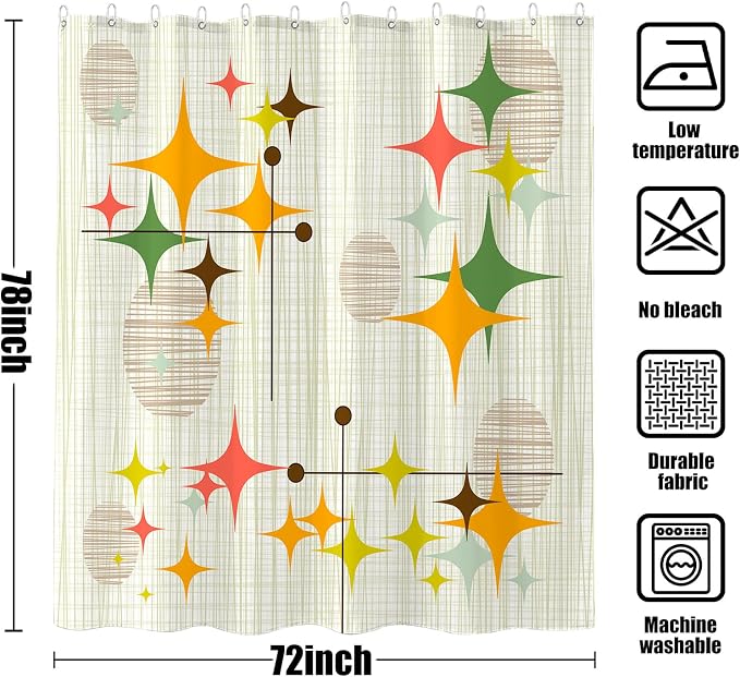 Long Mid Century Modern Shower Curtain Retro Stars Shower Curtains for Bathroom Abstract Vintage Boho Art Waterproof Fabric Bath Curtain Decor (Yellow1, 72'' x 78'')