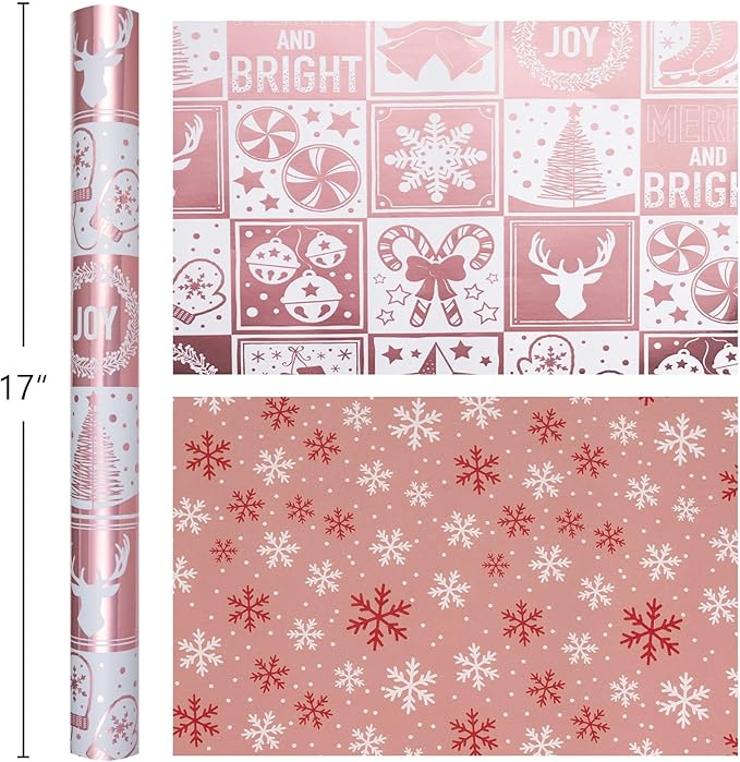 MAYPLUSS Christmas Wrapping Paper Roll, 17 Inch X 16.5 Feet Gift Wrapping Paper Featuring Gold Rose Deer Cane Candy Bell Gloves Reversible Snowflake, Thick Wrap Paper for Holiday Party New Year Kids