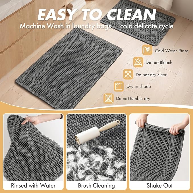 MIULEE Set of 2 Waffle Bathroom Rugs, Boho Bath Rug Super Absorbent, Non Slip Washable Ultra Soft Rubber Backed Shower Bath Mats for Floor, Tub, Shower, Looped Design, Dark Grey, 17"x24"+18"x30"