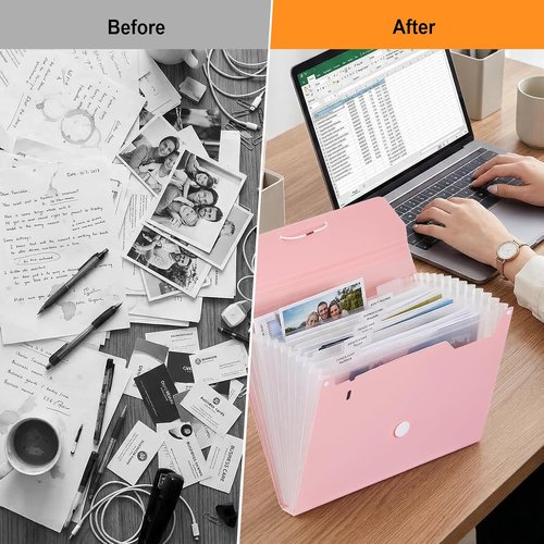 Comix Accordion File Organizer - 13 Pocket Expanding Folder with Labels for A4/Letter Size Documents | Pink
