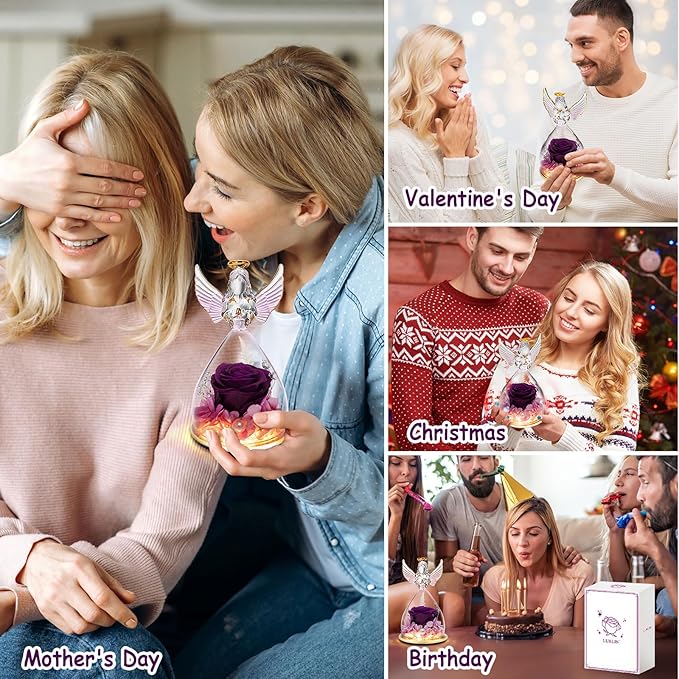 LURLIN Birthday Rose Gifts for Women, Preserved Flowers & LED Angel Figurines for Mom, Grandma, Wife, Friend, Teacher, Nurse & Anniversary Day Girls