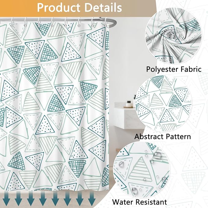 Mint Green Shower Curtain for Bathroom, Waterproof Machine Washable Ployester Fabric Shower Curtain Set with 12 Hooks, Triangle Modern Art Abstract Geometric Decorative Bath Curtains, 72x72 Inches