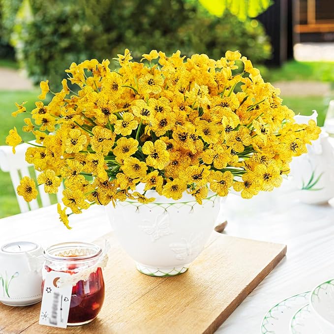 Uieke 16PCS Artificial Flowers for Outdoors UV Resistant No Fade Yellow Fake Flowers for Outside Home Garden Porch Window Box Home Summer Fall Décor (Yellow)