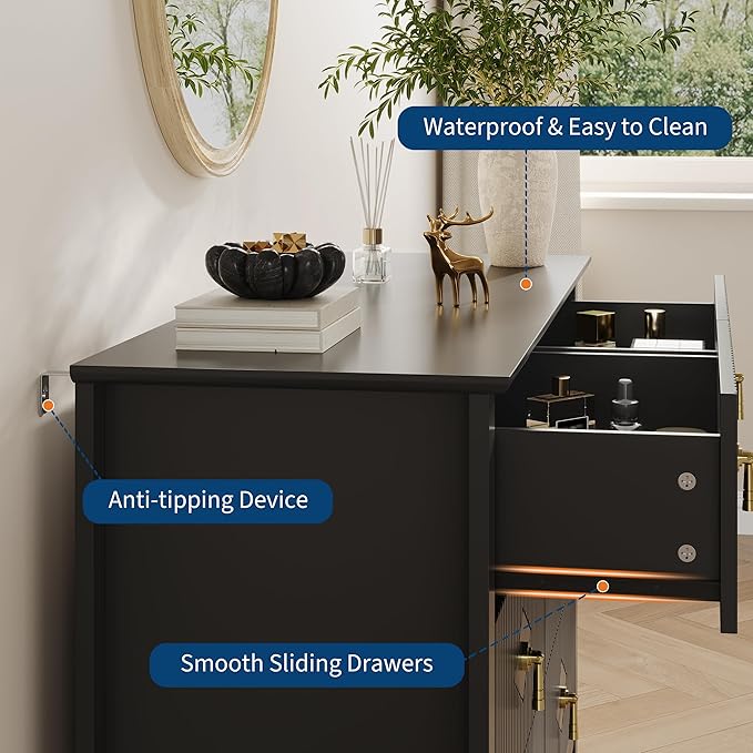 GarveeHome Fluted Dresser for Bedroom, 47.2 Inch Wide 6-Drawer Wood Dresser, Modern Chest of Drawers, Storage Organizer Cabinet for Living Room, Hallway, Entryway, Black