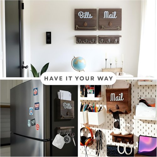 eBun Magnetic Mail Organizer - 2-Pack Solid Wood Wall Mount with 12 Hooks for Easy Entryway Storage