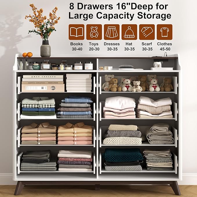 Dresser for Bedroom with 8 Drawers, 55" Large Dresser & Chest of Drawers with Charging Station, Wood Closet Clothes Storage Tall Dressers Organizer for Bedroom Living Room Hallway, White
