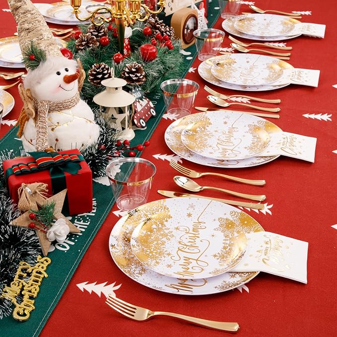 DaYammi 175Pcs Christmas Gold Plastic Dinnerware Set, 50Pcs Heavyduty Disposable Party Plates,Fancy Snowflake Design, 75Pcs Gold Plastic Cutlery,25Pcs 9oz gold Cups,25Pcs Napkins Perfect for Christmas