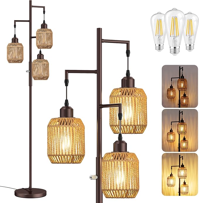 ROTTOGOON Dimmable Boho Floor Lamp - 3 Light Farmhouse Rattan Floor Lamp for Living Room, Industrial Tree Floor Lamps with 3 X 6W LED Bulbs, Rustic Standing Tall Lamp for Bedroom, Office, 68", ORB
