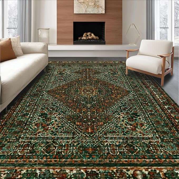 Flatwoven High Traffic Area Rug 4x6, Nordic Geometric Runic Motif with Interlaced Diamonds and Earthy Tones, Non Slip, Stain Resistant, Washable Area Rugs for Living Room, Bedroom (Green, 4x6)