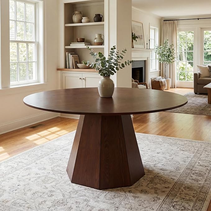 BESTANO 59" Round Dining Table for 4-6 People, Kitchen Dining Room Table with Wooden Pedestal Base, Circle Dinner Pedestal Dining Table for Dining Room (Table Only), Walnut