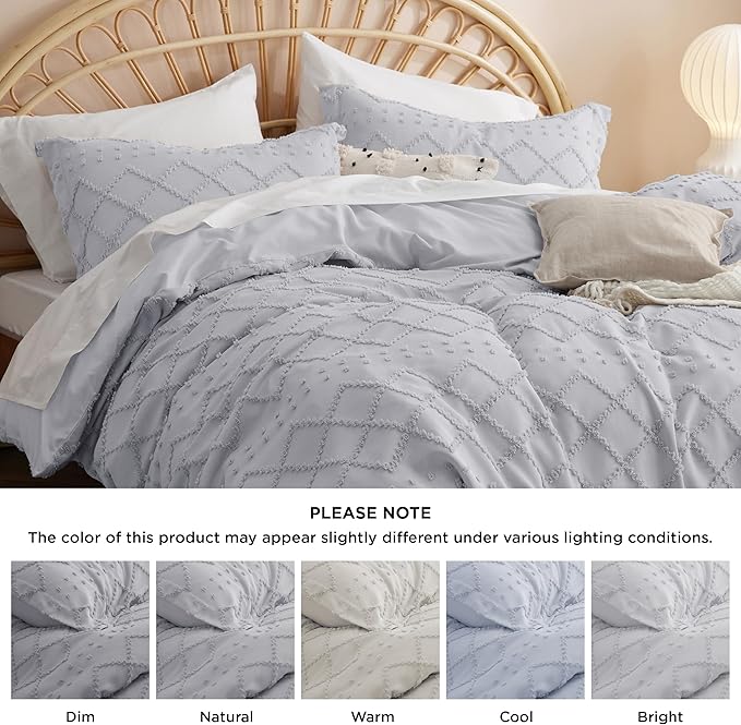 Bedsure Boho Duvet Cover King Size - Light Grey Breathable & Soft Boho Bedding, Machine Washable Comforter Cover for All Seasons, Includes 1 Duvet Cover 104"x90" with 2 Pillow Shams & Zipper Closure