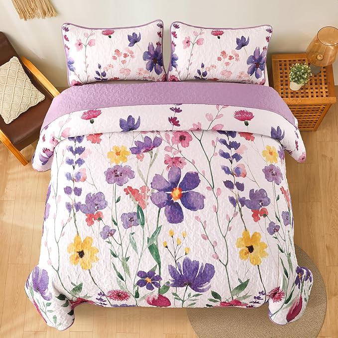 Anibedding Purple Quilt Set Queen, Floral Pattern Microfiber Bedspreads Queen Size 3 Pieces Lightweight Reversible Bedding Set with 2 Pillowcases(96"x90")