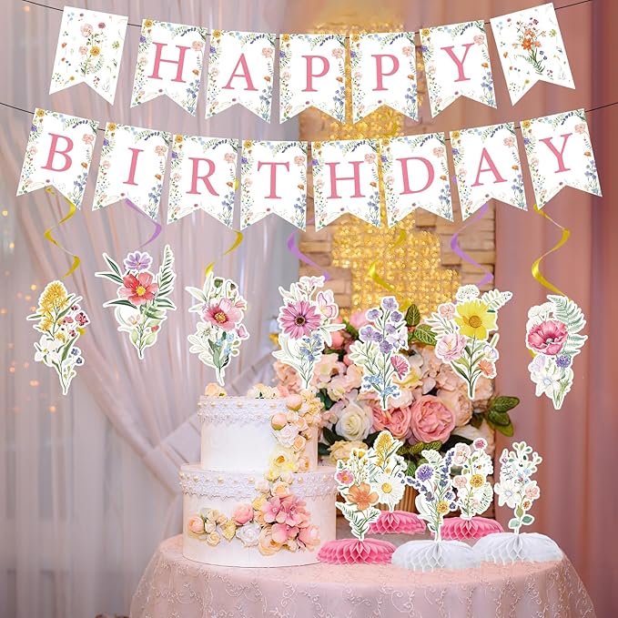 Flower Birthday Decorations for Girls Women, 14PCS Wildflower Floral Happy Birthday Banners Hanging Swirls and Honeycomb Centerpieces Decor Supplies