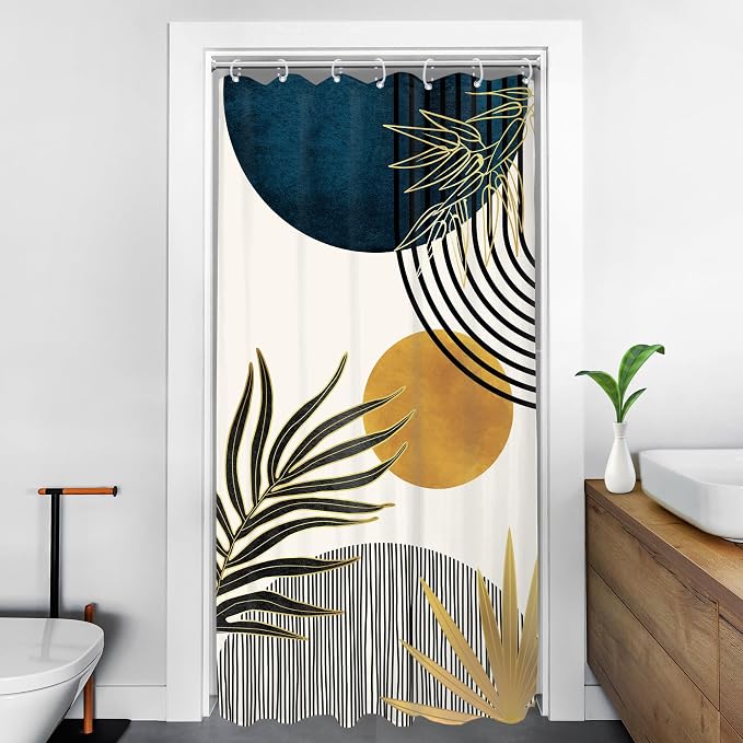 KOMLLEX RV Stall Small Mid Century Blue Boho Shower Curtain 36Wx72L Inches Abstract Modern Blue Shower Curtains for Bathroom Plant Minimalist Arch Sun Fabric Liner Waterproof Polyester 7 Pack Hooks