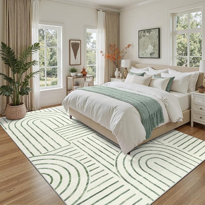 DCX Abstract Machine Washable 6x9 Rug, Sage Green Modern Accent Rug for Living Room, Soft Low Pile Non Slip Carpet, Kid & Pet Friendly Stain Resistant Rug for Bedroom Dining Room Office
