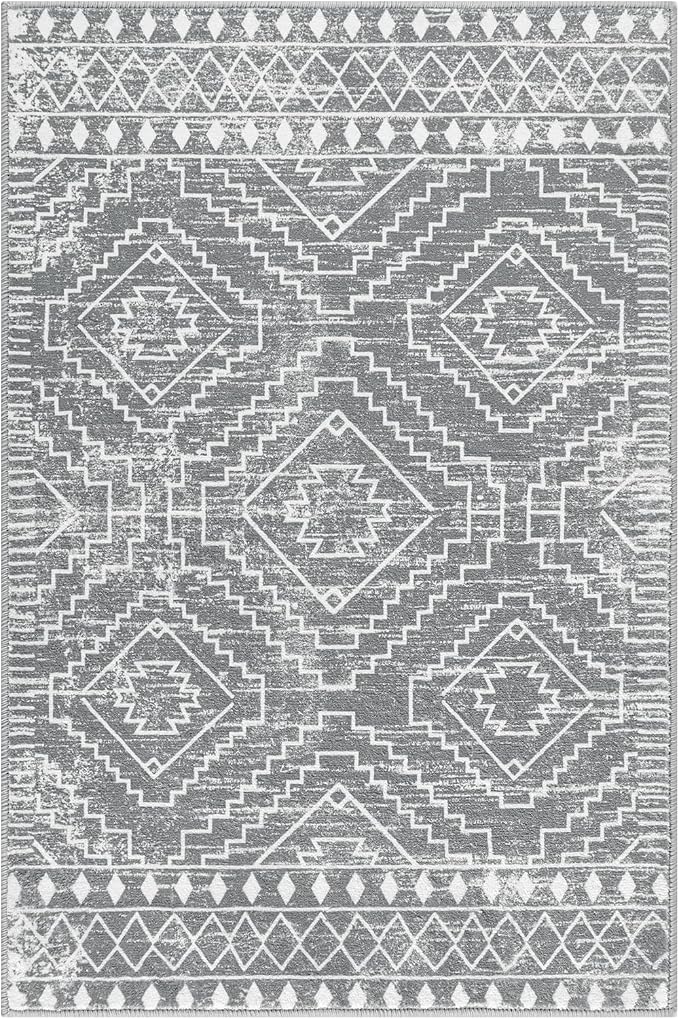 Wonnitar Moroccan Washable Rugs 4x6, Non-Slip Gray Living Room Area Rug, Boho Soft Large Rugs for Bedroom, Geometric Non-Shedding Thin Floor Carpet for Entry Kitchen Mud Room (Silver Grey,4'x6')