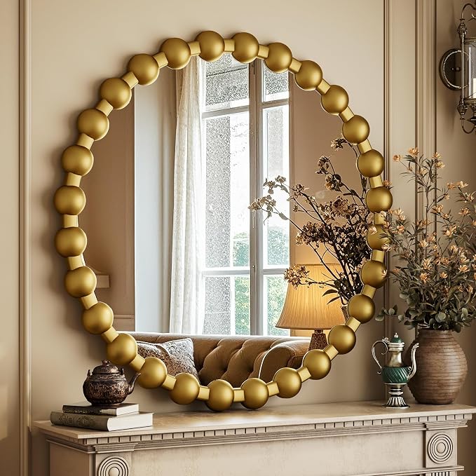 Easly Round Mirror for Wall, 24 Inch Gold Beaded Frame Decorative Vanity Mirror, Circle Bathroom Mirror with High-Definition Lense, Modern Wall Decor for Bathroom, Living Room, Bedroom, Entryway