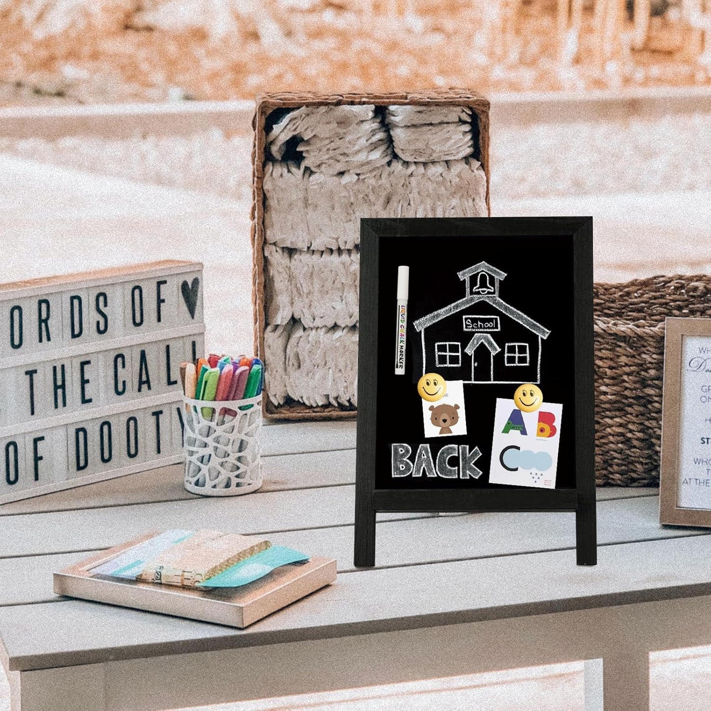 4 THOUGHT Mini Chalkboard Signs - 9.5" x 14" Magnetic Tabletop Menu Board with Wooden Frame for Kitchen & Cafe